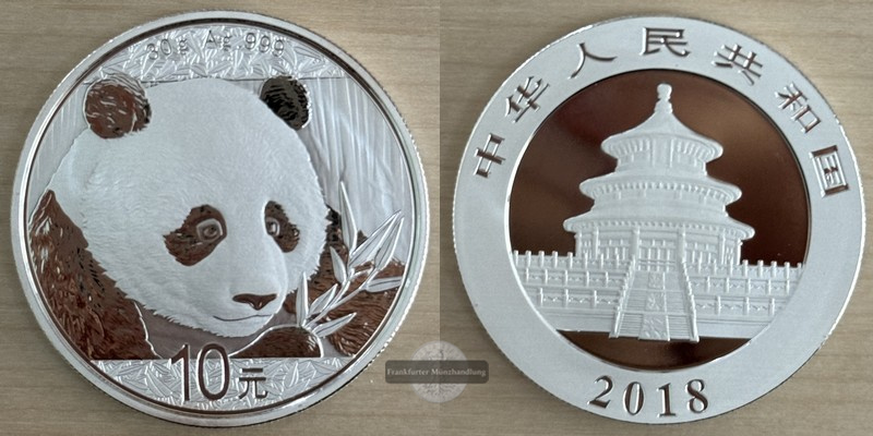  China, 10 Yuan  2018  Panda FM-Frankfurt  Feinsilber: 30g   