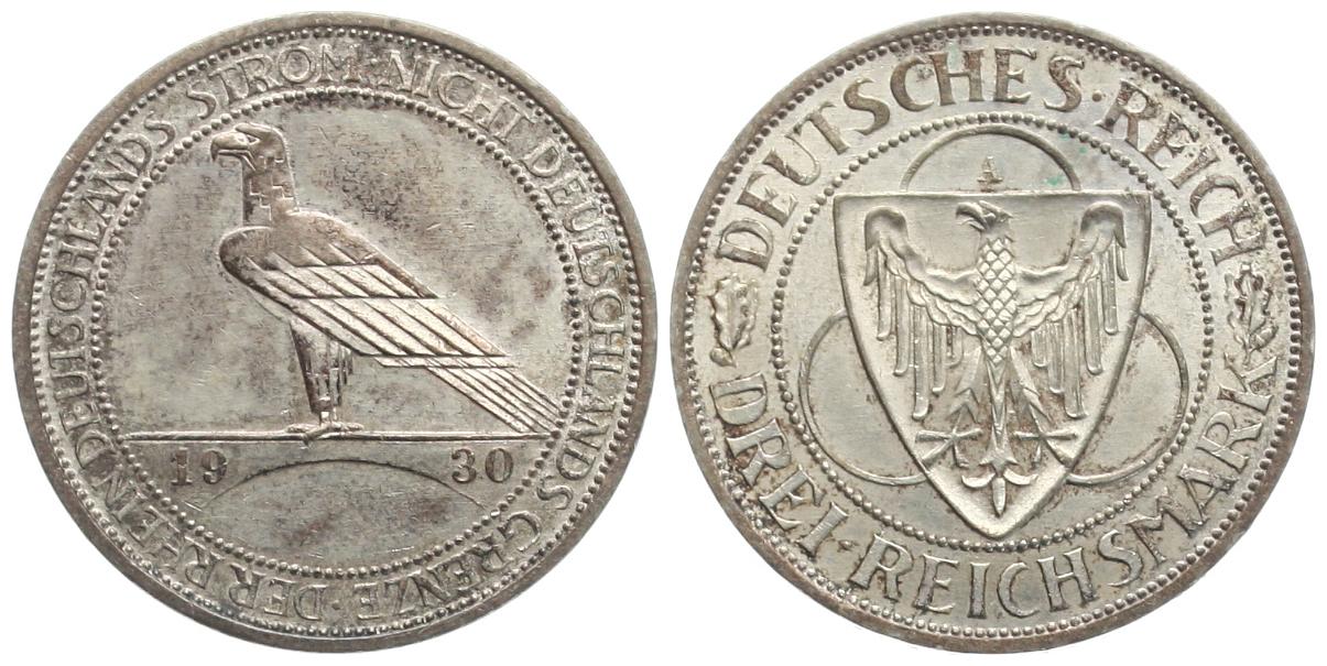  Weimarer Republik: 3 Mark 1930 A (Berlin), Rheinlandräumung, J 345   