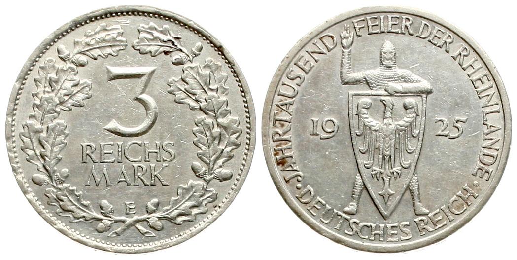  Weimarer Republik: 3 Mark 1925 A (Berlin), Rheinlandfeier, J 321   