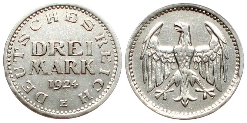  Weimarer Republik: 3 Mark 1924 E, Silber, J. 312, siehe Bilder   