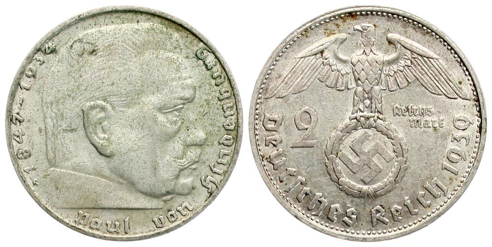  Deutschland: III. Reich, 2 Mark 1934 G, Paul von Hindenburg, 8 gr. 625er Silber!   