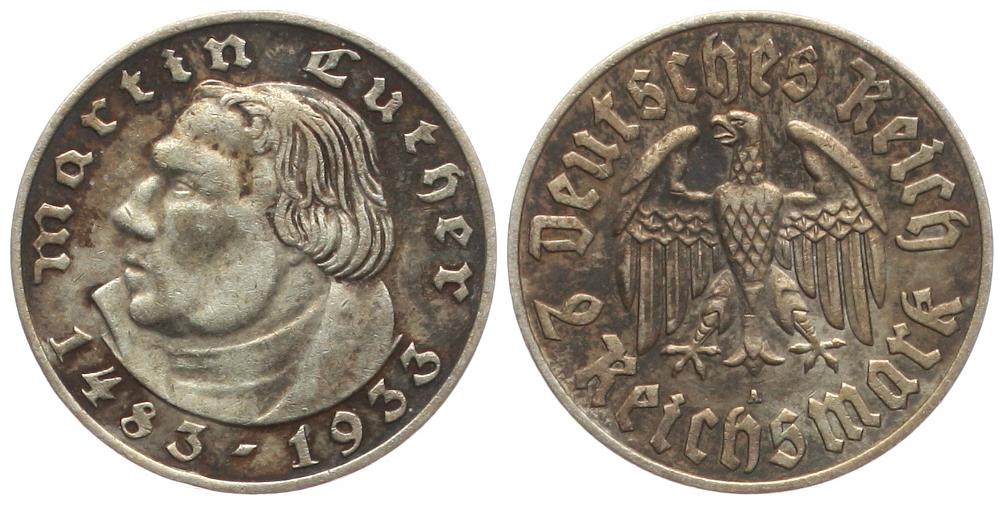  Deutschland: III. Reich, 2 Mark 1933 A, auf Martin Luther, schöne alte Patina, siehe Bilder!   