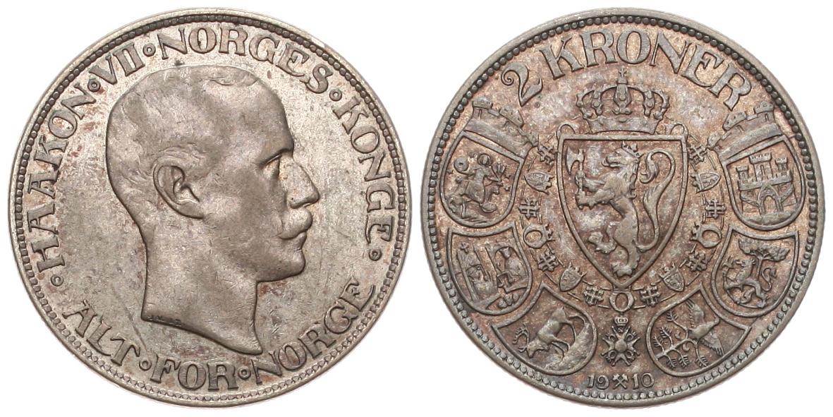  Norwegen: Håkon VII., 2 Kroner 1910, Silber mit schöner Patina, siehe Bilder!! DAS BESTE JAHR!!   