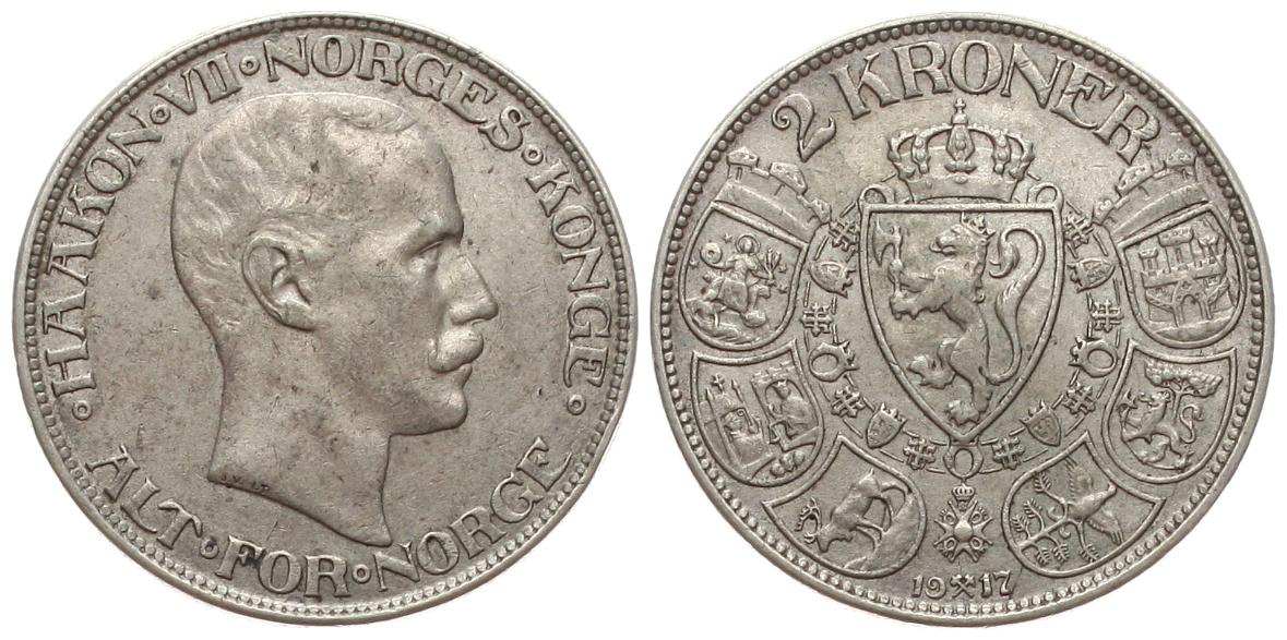  Norwegen: Håkon VII., 2 Kroner 1917, Silber mit schöner Patina, siehe Bilder!! seltener!!   