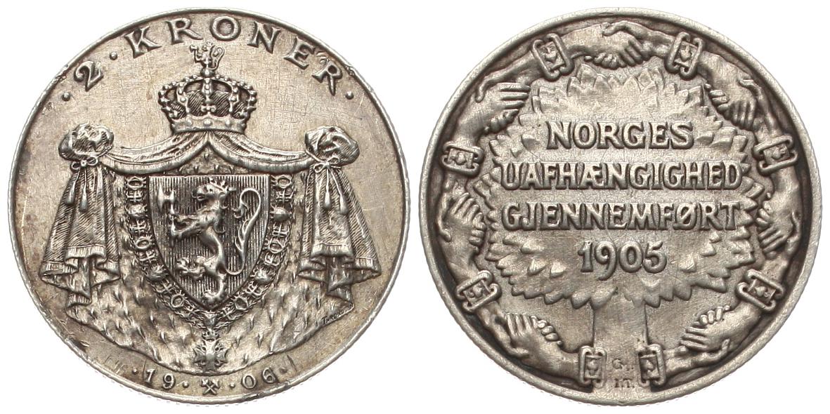  Norwegen: Håkon VII., 2 Kroner 1906, selten!! Silber, TOP-EXEMPLAR mit herrlicher Patina!   