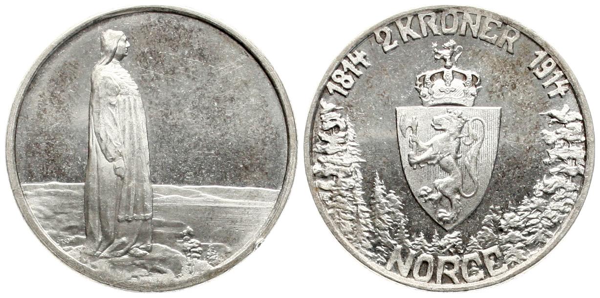  Norwegen: Håkon VII., 2 Kroner 1914, auf 100 jahre der Verfassung, TOP-EXEMPLAR aber kleiner RF   