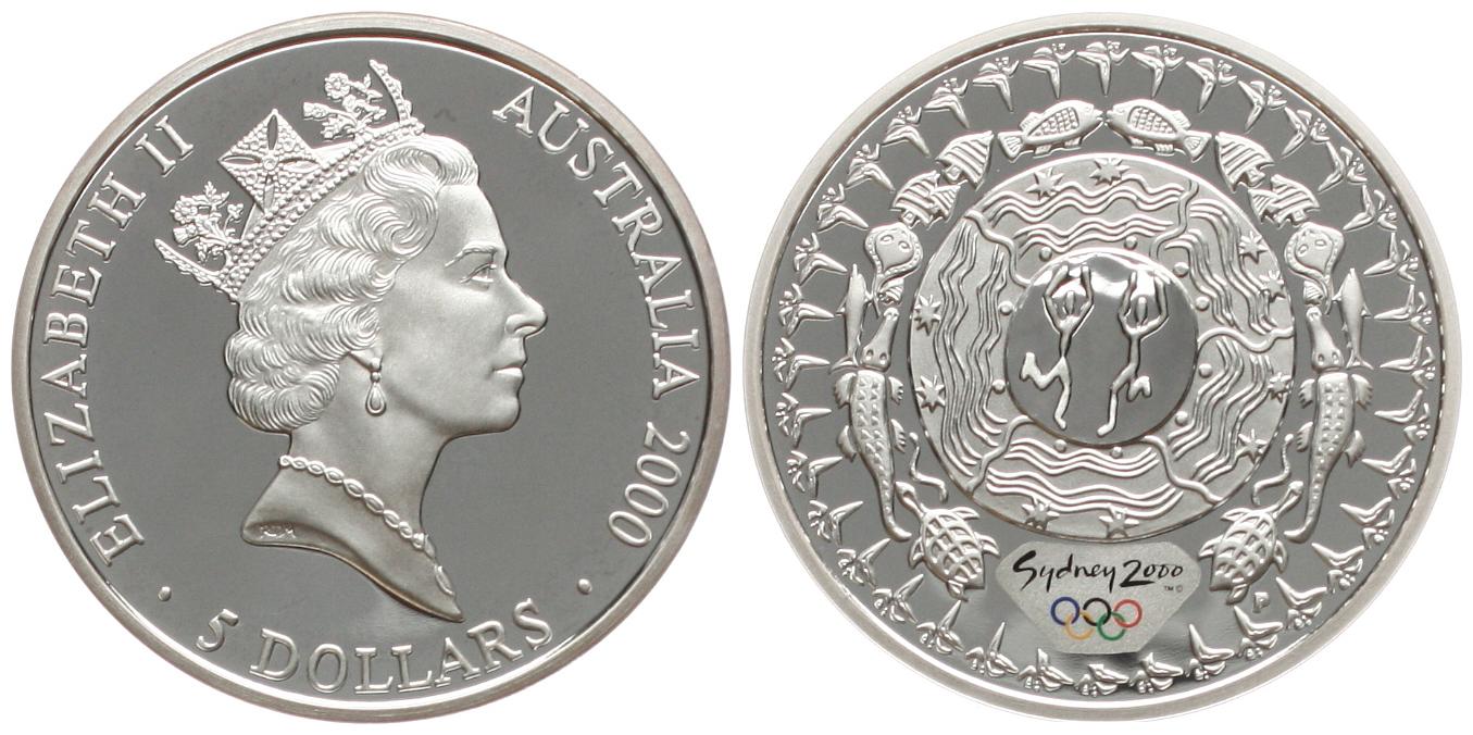  Australien: 5 $ 2000, 1 Unze Silber(31,1 gr.) zur Olympiade Sidney mit Farbapplikation!   