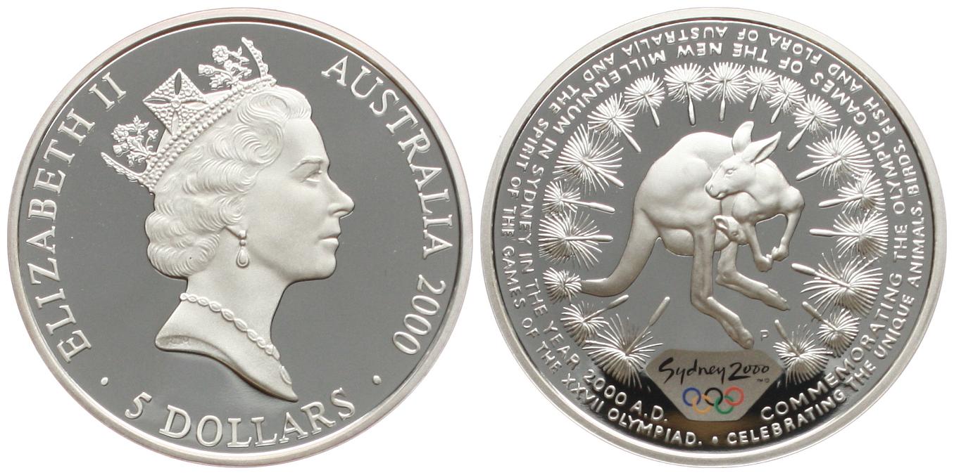  Australien: 5 $ 2000, 1 Unze Silber(31,1 gr.) zur Olympiade Sidney mit Farbapplikation!   