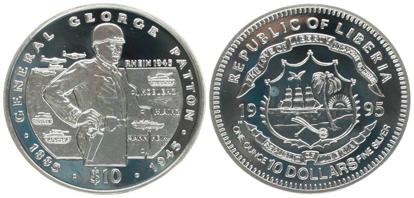  Liberia: 10 $ 1995, General George Patton, 31,13 gr. FEINsilber, nur 25.000 Ex.   