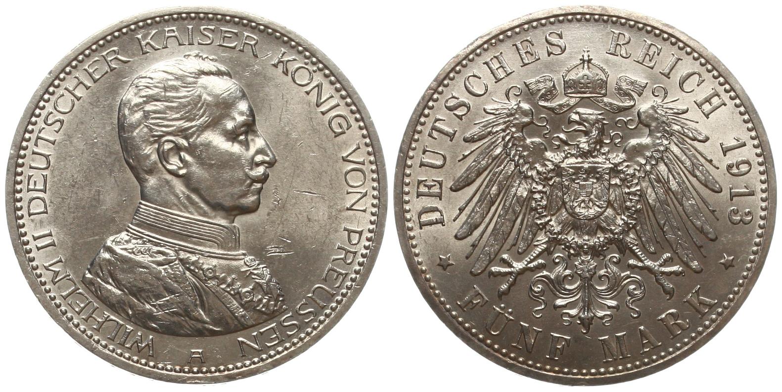  Preussen: Wilhelm II., 5 Mark 1913 A, Silber, TOP-Erhaltung!!, siehe Bilder!   