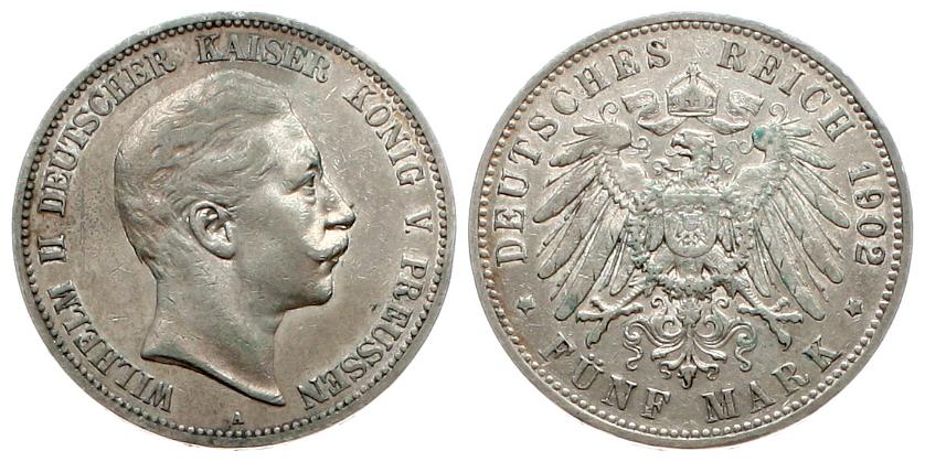  Preussen: Wilhelm II., 5 Mark 1902 A, Silber, siehe Bilder!   