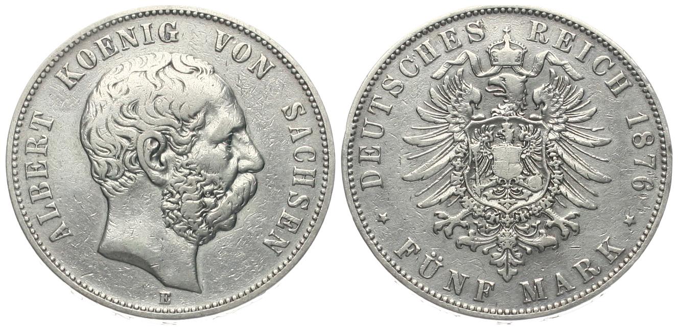  Sachsen: Albert, 5 Mark 1876 E, Silberne Kursmünze, siehe Bilder!   