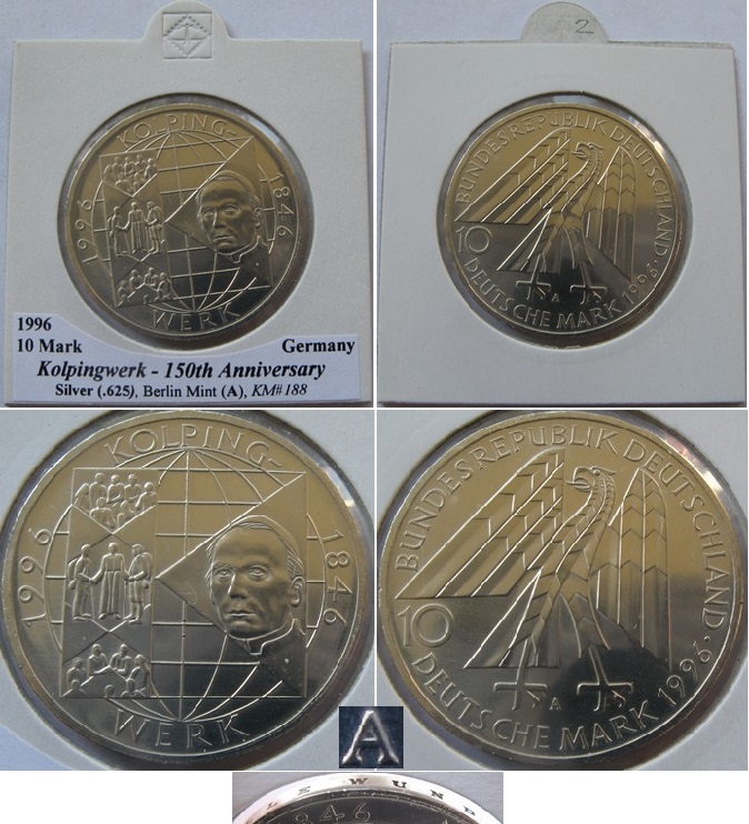  1996,Germany, 10 Mark (A):Kolpingwerk,silver coin,proof   