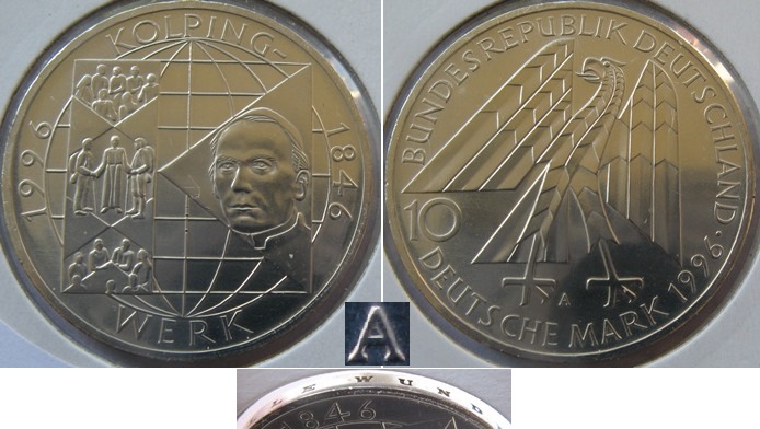  1996,Germany, 10 Mark (A):Kolpingwerk,silver coin,proof   