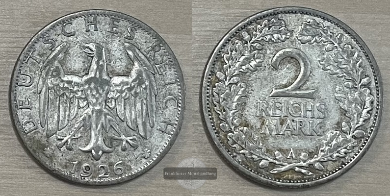  Deutschland, Weimarer Republik.  2 Reichsmark 1926 A  FM-Frankfurt Feinsilber: 5g   