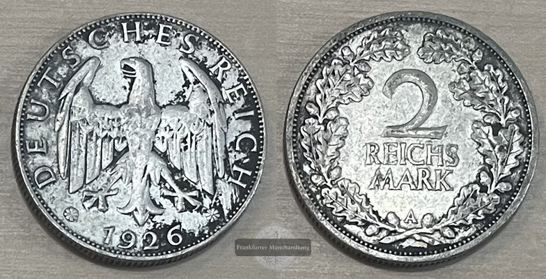  Deutschland, Weimarer Republik.  2 Reichsmark 1926 A  FM-Frankfurt Feinsilber: 5g   