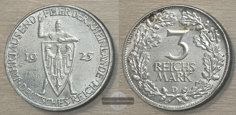  Weimarer Republik, 1919-1933. 3 Reichsmark 1925 D, Rheinland.  FM-Frankfurt  Feingewicht: 7,5g   