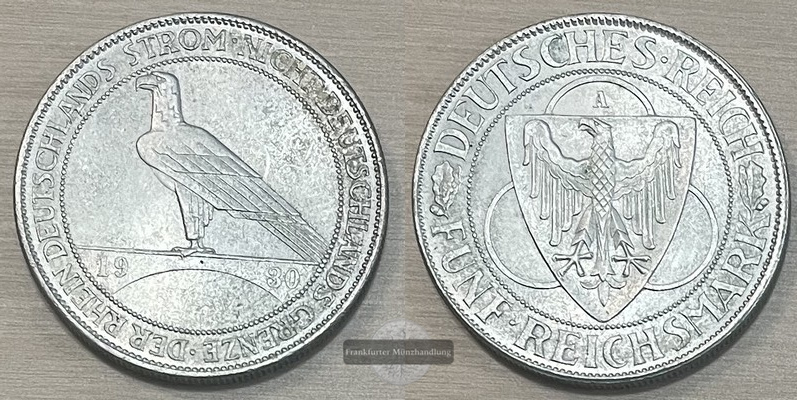  WEimarer Republik 1919-1933.  5 Reichsmark, 1930 A  FM-Frankfurt  Feinsilber:12,5g   