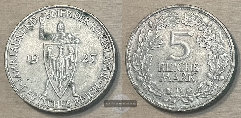  Weimarer Republik 1919-1933.  5 Reichsmark 1925 D Rheinlande   FM-Frankfurt Feinsilber: 12,5g   