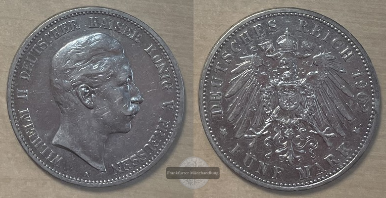  Deutsches Kaiserreich. Preussen, Wilhelm II. 1888-1918.  5 Mark 1902 A  FM-Frankfurt Feinsilber: 25g   