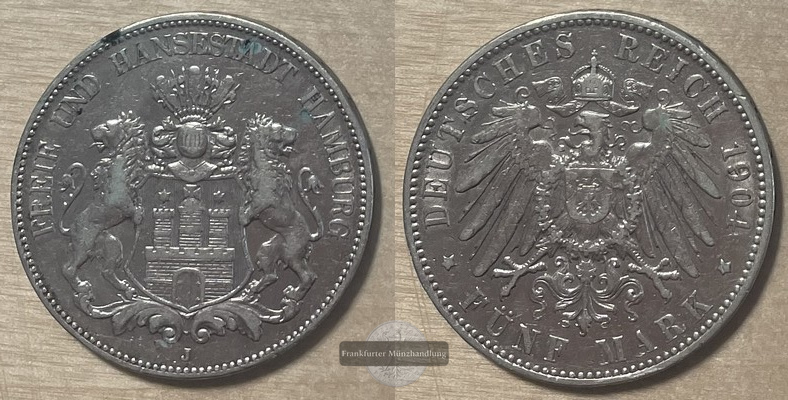  Deutsches Kaiserreich, Hamburg.  5 Mark 1904 J   FM-Frankfurt  Feinsilber: 25g   