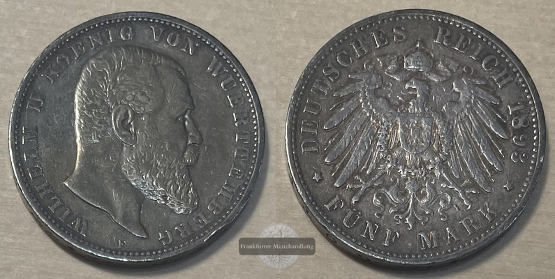  Deutsches Kaiserreich, Württemberg.  5 Mark 1893 F   FM-Frankfurt   Feinsilber: 25g   