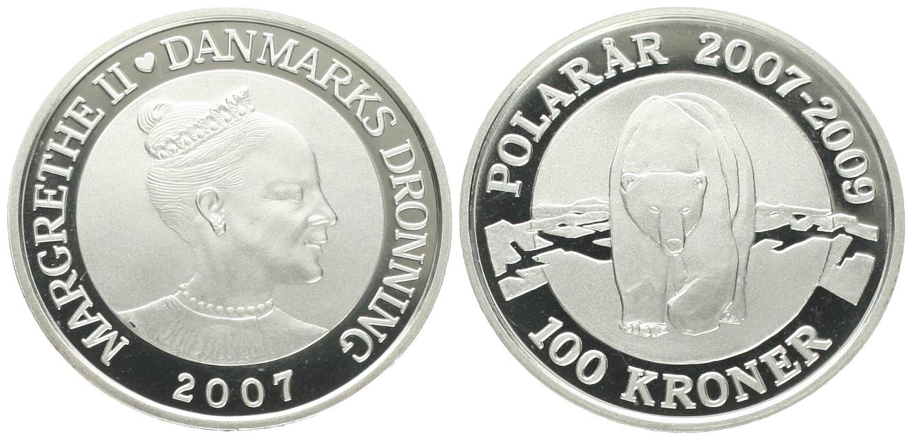  Dänemark: Margrethe II., 100 Kroner 2007 Eisbär, 1 Unze Feinsilber, 31,1 gr., pp!   