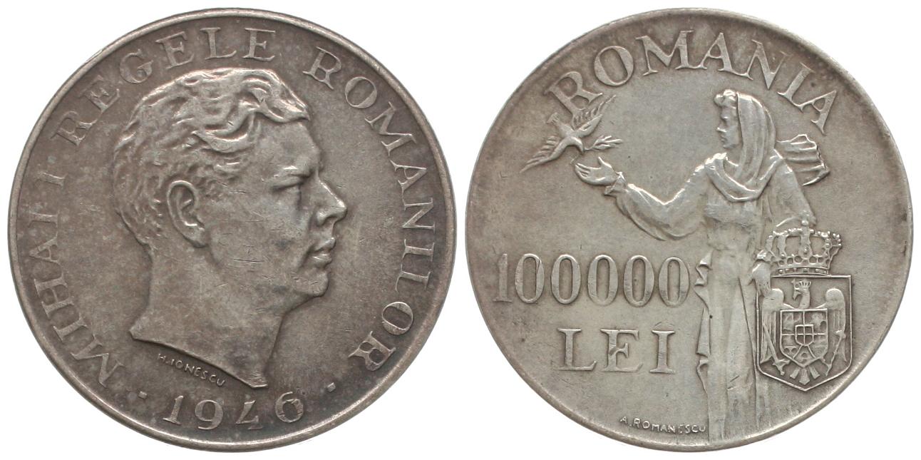  Rumänien: Michael I., 100.000 Lei 1946, KM# 25 gr. 700er Silber, ø = 37 mm, hübsche Patina!   