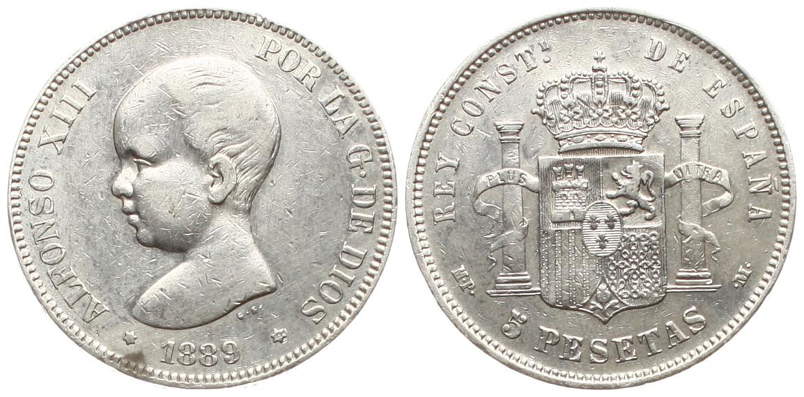  Spanien: Alfonso XIII., 5 Pesetas 1889, 24,65 gr. Silber (900), hübsche Erhaltung   