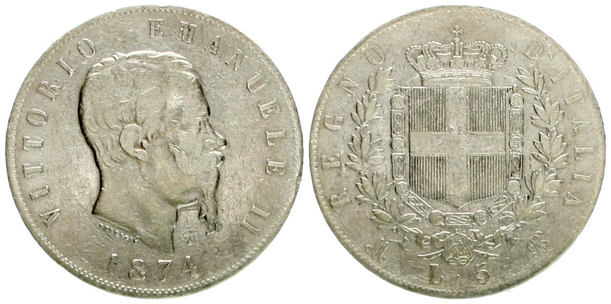  Italien: Vittorio Emanuele II., 5 Lire 1874, Silber, 25 gr. (900)   