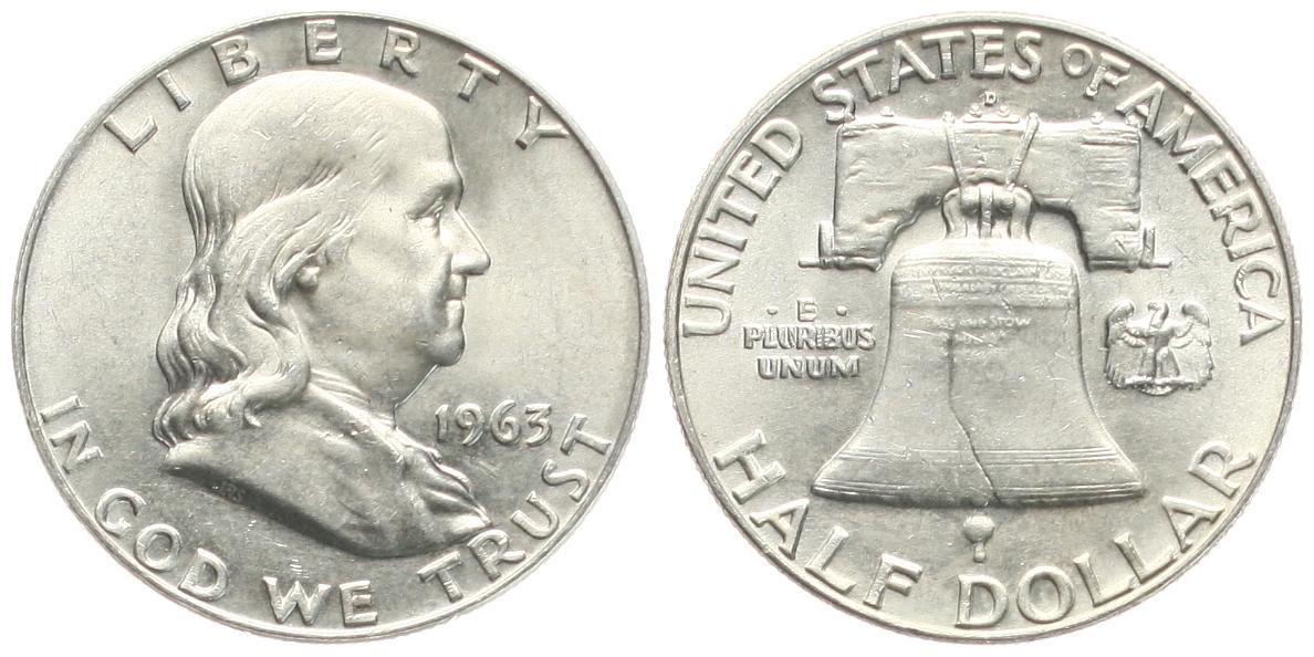  USA: 1/2 Dollar 1963 D, Franklin, Silber 12,5 gr. (900er), TOP-ERHALTUNG! siehe Bilder!   