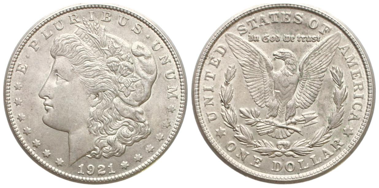  USA: 1 $ 1921, Morgan Dollar, 26,7 gr. 900er Silber, hübsche Patina!   