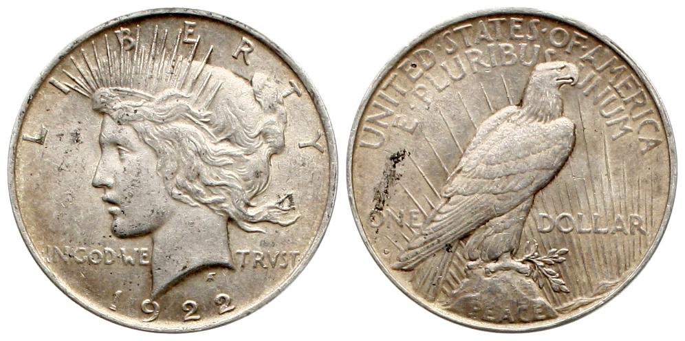  USA: 1 Dollar 1922, Peace Dollar, KM# 150, 26,80 gr. 900er Silber, schöne Patina!   