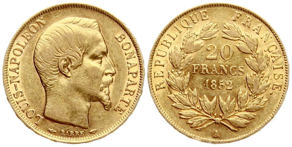  Frankreich: Napoleon III., 20 Franc 1852 A, GOLD, 6,45 gr. 900er, ERHALTUNG!!   