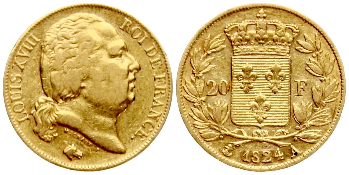  Frankreich: Louis XVIII., 20 Franc 1824 A, GOLD, 6,45 gr. 900er, selten!   