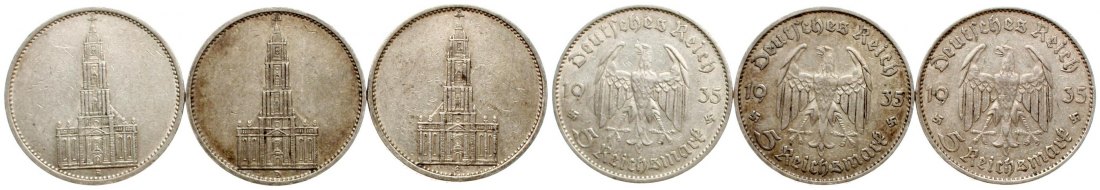  Deutschland: III. Reich, Lot von 3 x 5 Mark, Garnisonskirche, 1935 A,D und E, siehe Bilder!   