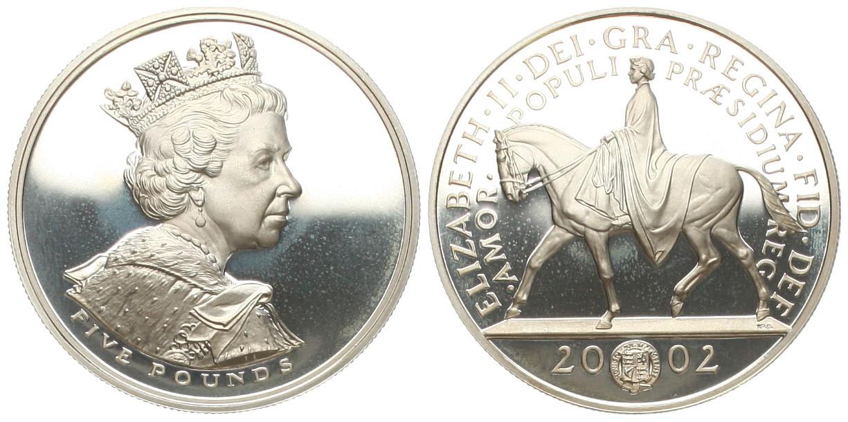  Grossbritannien: Elisabeth II., 5 Pounds 2002, 50 järiges Thronjubiläum 28,10 gr. 925er Silber, pp   