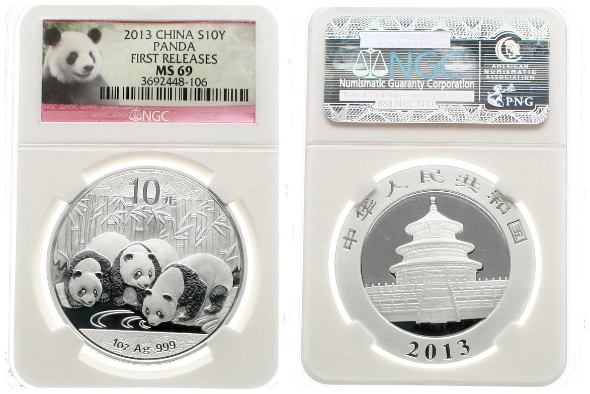  China: 10 Yuan 2013 im NGC Blister, MS 69, pp, ø = 40mm 1 Unze Feinsilber!   