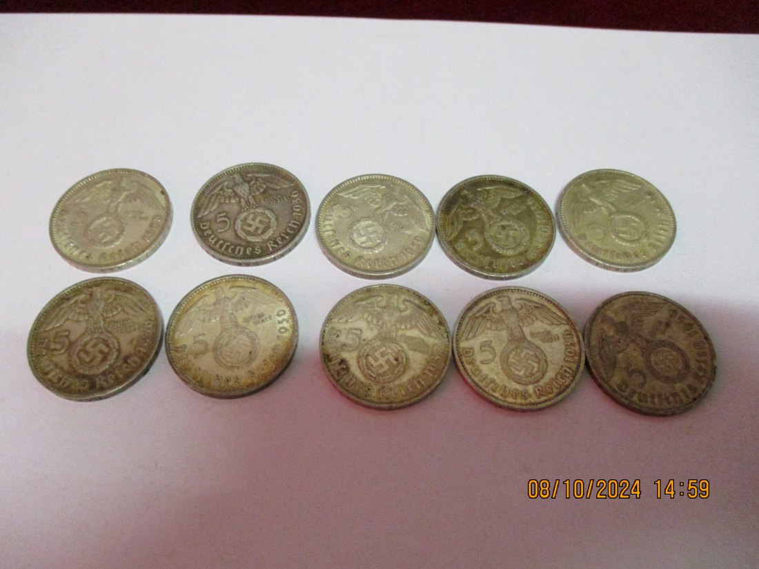  Lot 10 x 5 Mark Drittes Reich Hindenburg mit HK Silbermünzen / BE   