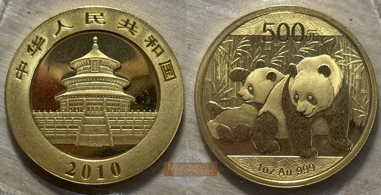 China, Volksrepublik. MM-Frankfurt Feingold: 31,1g - 1 Unze 500 Yuan Panda 2010 