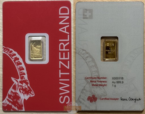 Schweiz. 1g Goldbarren MM-Frankfurt Feingold: 5g Suisse Made  