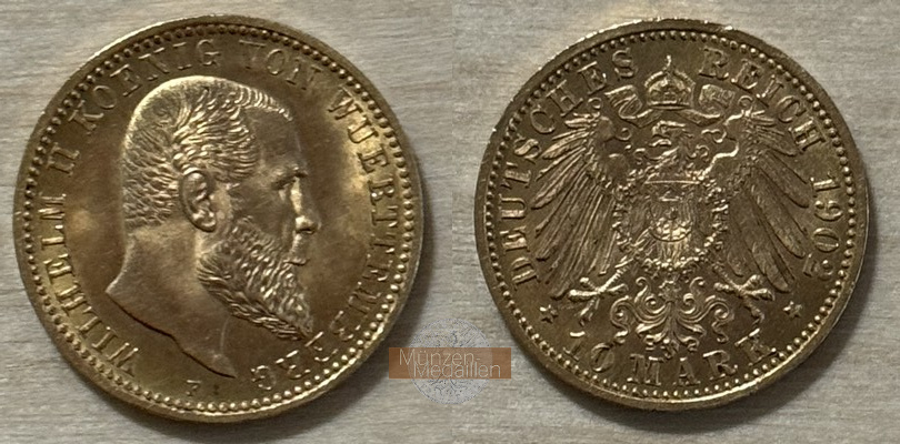 Deutsches Kaiserreich, Württemberg MM-Frankfurt Feingold: 3,58g Wilhelm II., 10 Mark 1902 F 