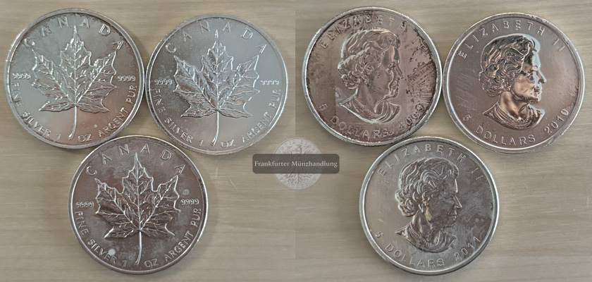  Kanada 3x 5 Dollar  2009-2011   Maple Leaf   FM-Frankfurt   Feinsilber: 93,3g   