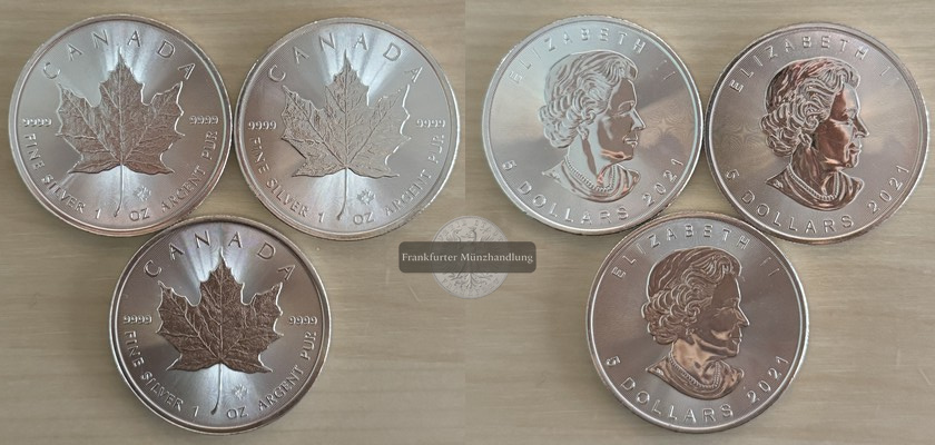  Kanada 3x 5 Dollar  2021  Maple Leaf   FM-Frankfurt   Feinsilber: 93,3g   