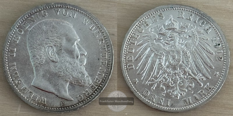  Deutsches Kaiserreich Würtemberg 3 Mark  1912 F  FM-Frankfurt Feingewicht: 15g Silber   