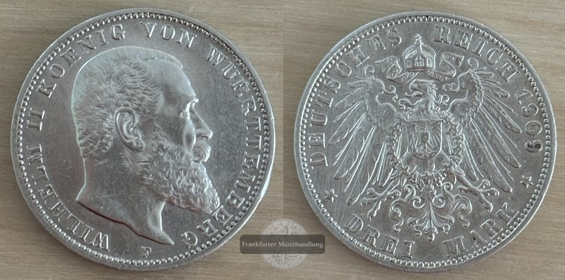  Deutsches Kaiserreich Würtemberg 3 Mark  1909 F  FM-Frankfurt Feingewicht: 15g Silber   