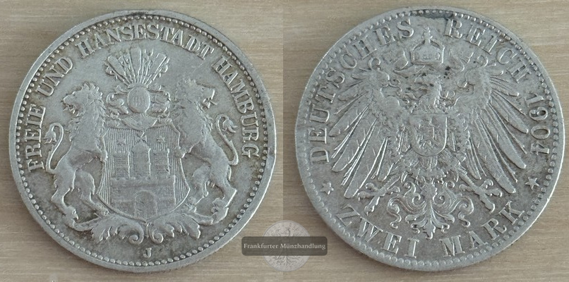  Deutsches Kaiserreich. Hamburg, freie Hansestadt.  2 Mark 1904 J     FM-Frankfurt    Feinsilber: 10g   