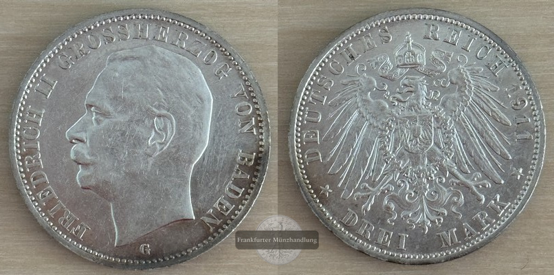  Deutsches Kaiserreich, Baden  3 Mark  1911 G  Friedrich II. 1907-1918  FM-Frankfurt Feinsilber: 15g   