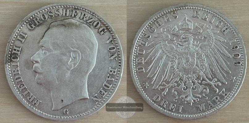  Deutsches Kaiserreich, Baden  3 Mark  1909 G  Friedrich II. 1907-1918  FM-Frankfurt Feinsilber: 15g   