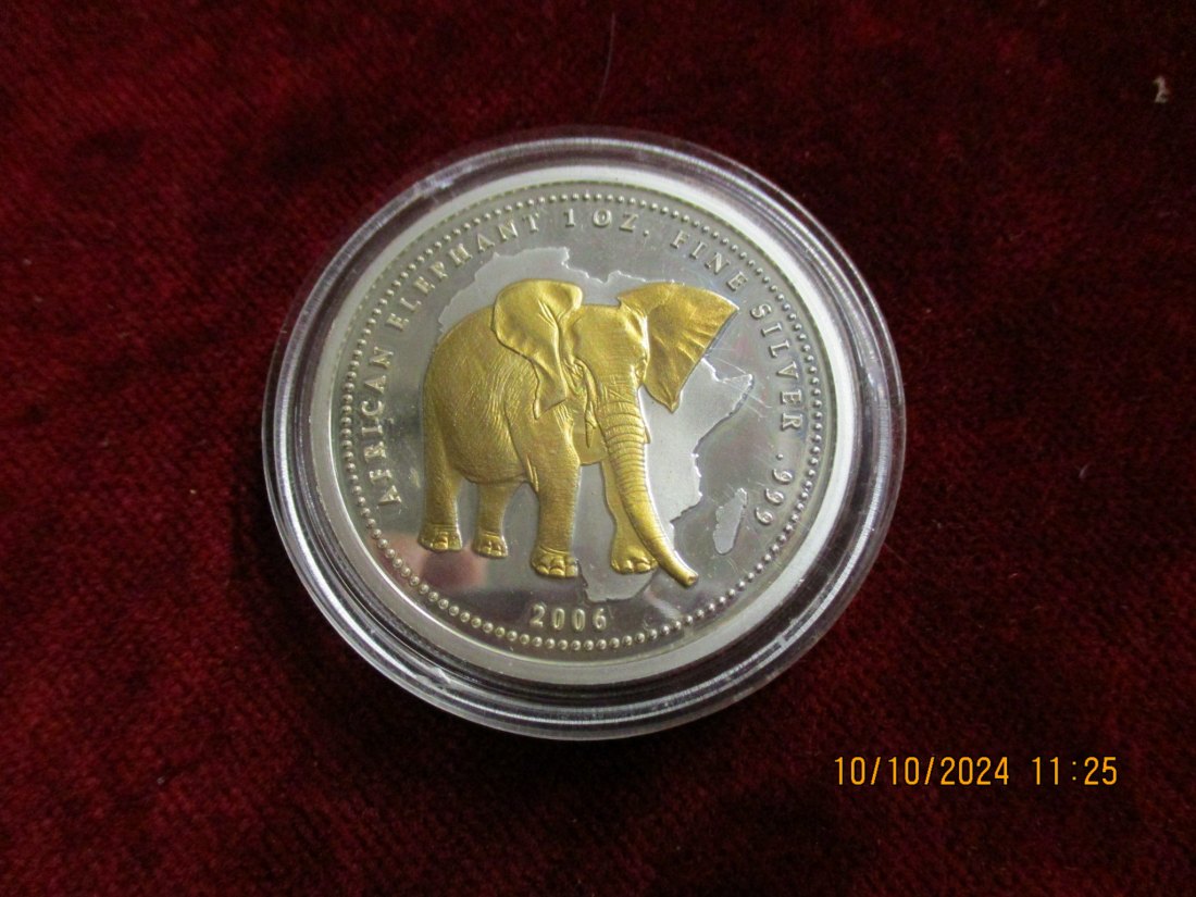  10 Francs Kongo Elefant 2006 - 1 oz Silber 999er Silber teilvergoldet   